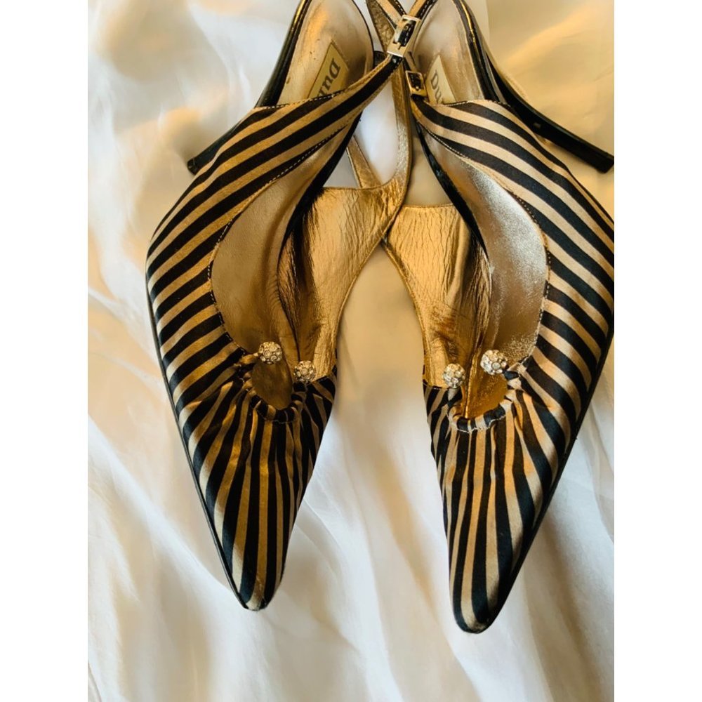Dune womens shoes black/ Champaign satin look stripe size 9 beautiful condition